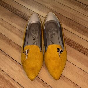 Mustard Suede Pointed Flats with Decorative Dragonfly Accent